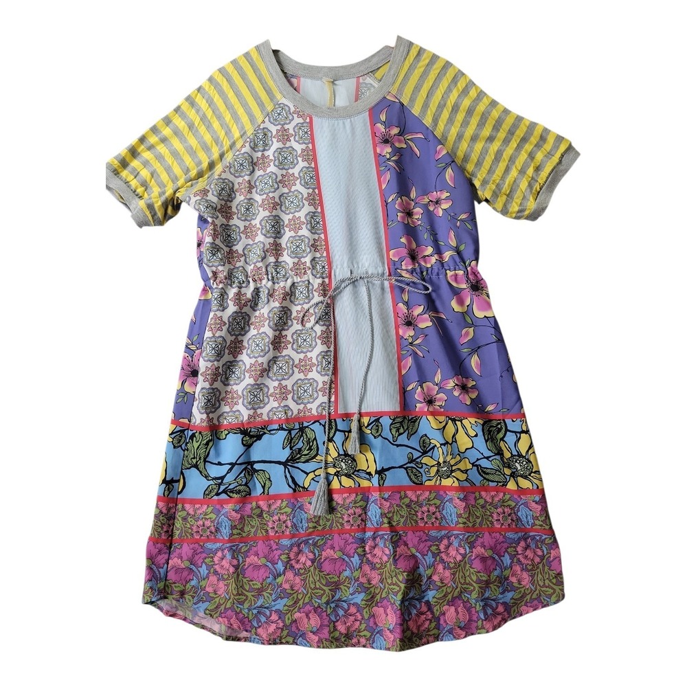 Uncle Frank Mixed Media Patchwork Floral Striped Dress Medium Tassels USA Made